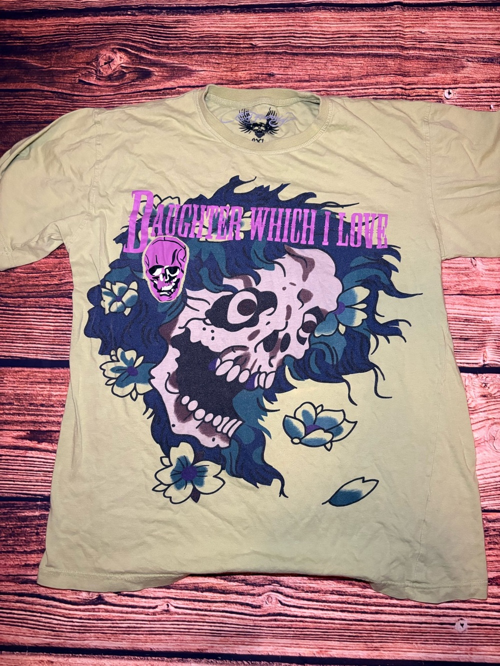 Vintage Ed Hardy Light Green Graphic Skull Tee “Daughter Which I Love”